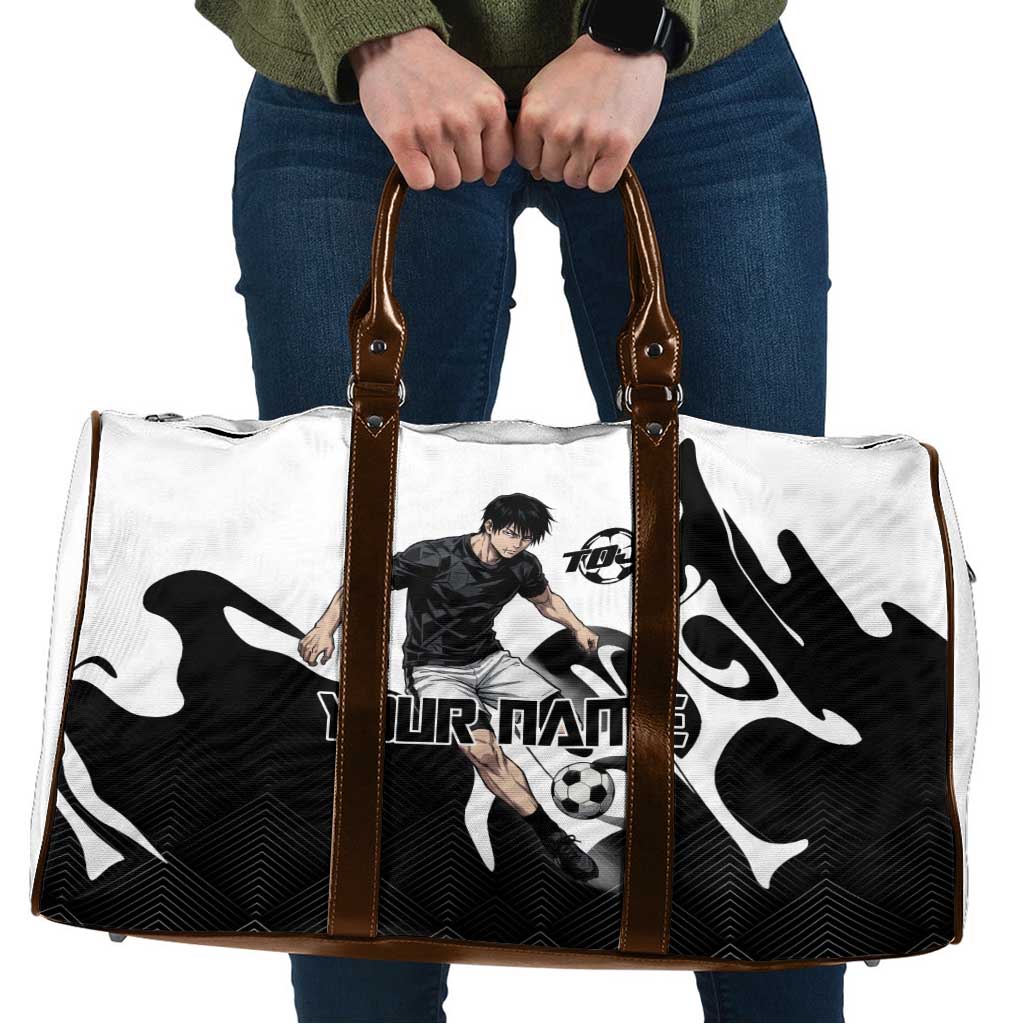Personalized Toji Fushiguro Jujutsu Kaisen Soccer Theme Travel Bag with Dribbling Pose and Monochrome Black White Flame Graphic Design - The Mazicc