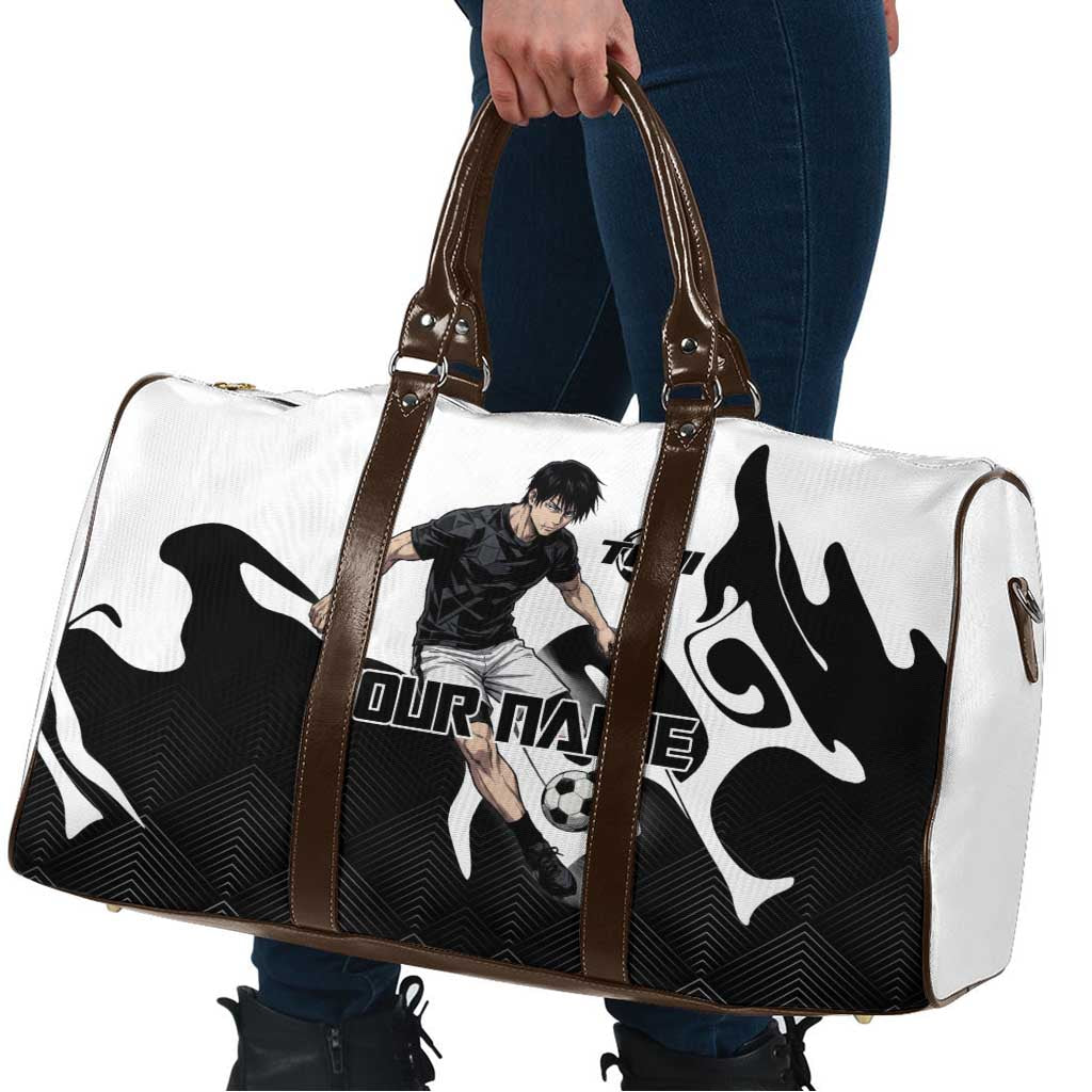 Personalized Toji Fushiguro Jujutsu Kaisen Soccer Theme Travel Bag with Dribbling Pose and Monochrome Black White Flame Graphic Design - The Mazicc