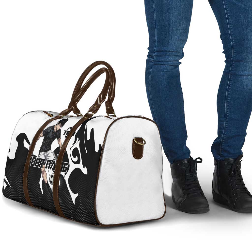 Personalized Toji Fushiguro Jujutsu Kaisen Soccer Theme Travel Bag with Dribbling Pose and Monochrome Black White Flame Graphic Design - The Mazicc