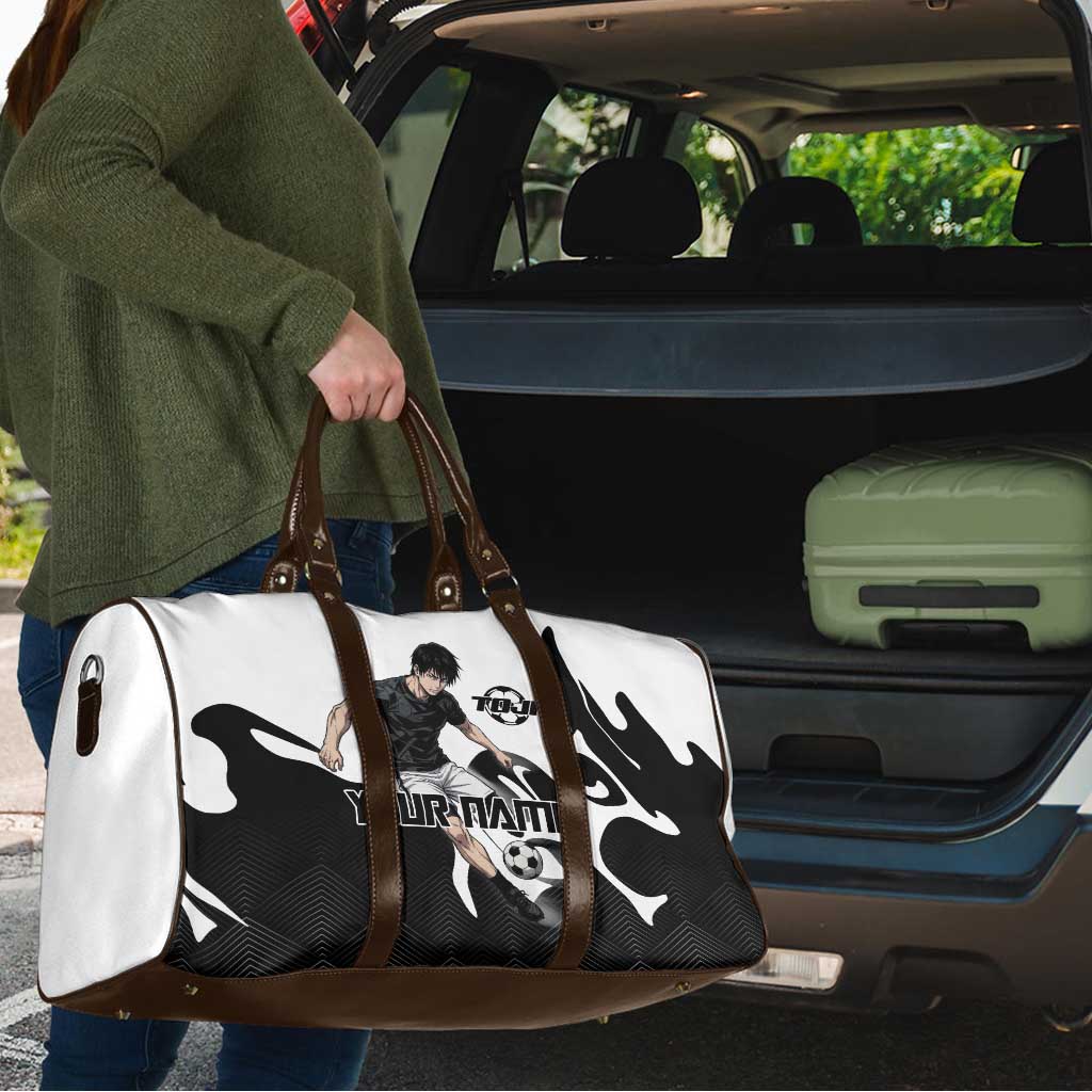 Personalized Toji Fushiguro Jujutsu Kaisen Soccer Theme Travel Bag with Dribbling Pose and Monochrome Black White Flame Graphic Design - The Mazicc