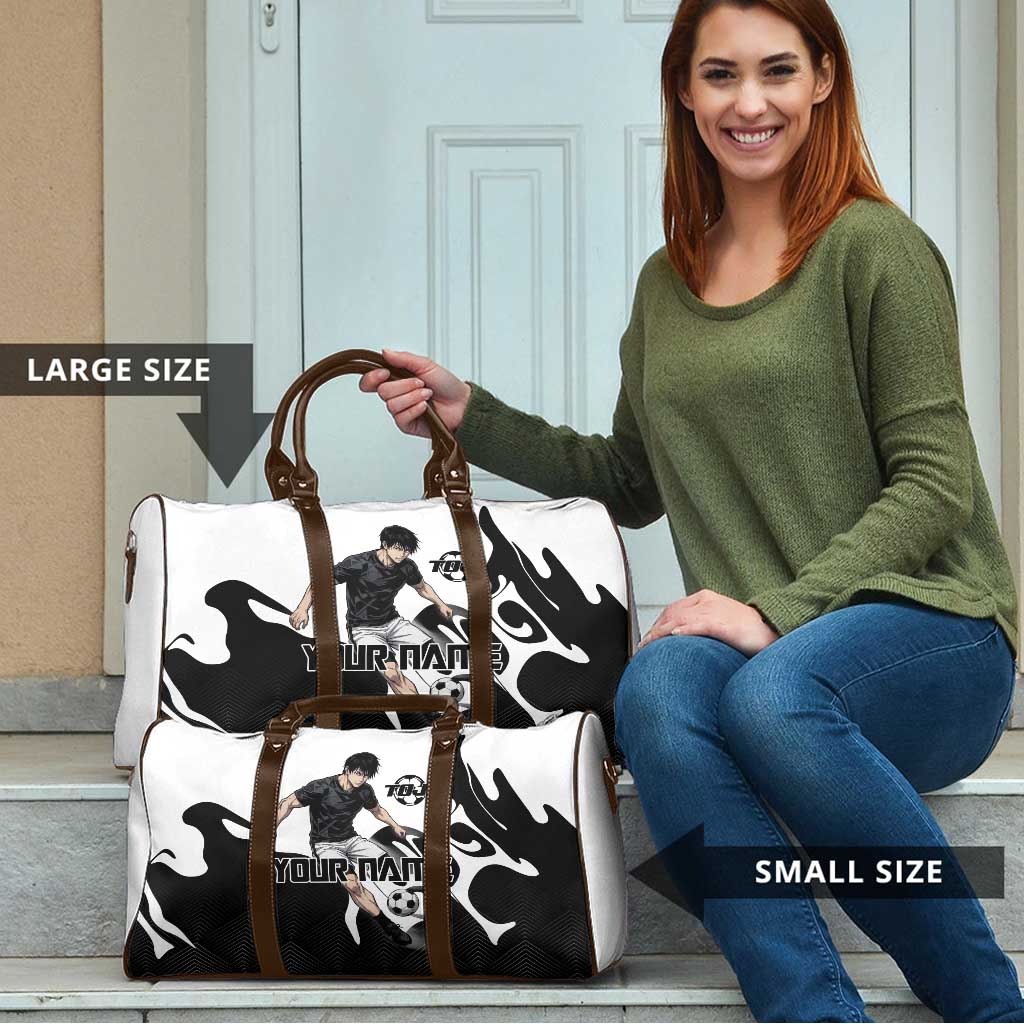 Personalized Toji Fushiguro Jujutsu Kaisen Soccer Theme Travel Bag with Dribbling Pose and Monochrome Black White Flame Graphic Design - The Mazicc