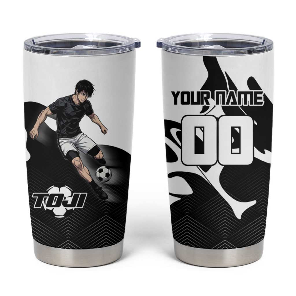 Personalized Toji Fushiguro Jujutsu Kaisen Soccer Theme Tumbler Cup with Dribbling Pose and Monochrome Black White Flame Graphic Design - The Mazicc