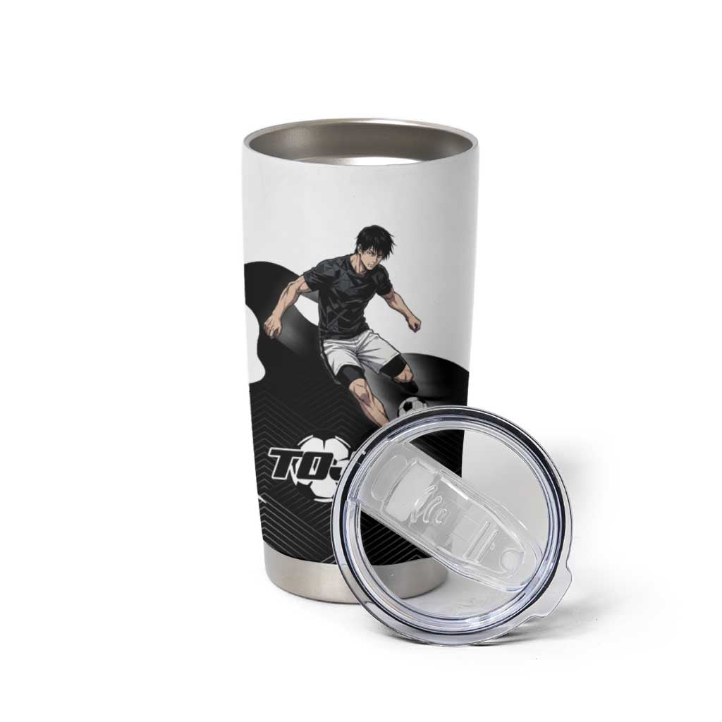 Personalized Toji Fushiguro Jujutsu Kaisen Soccer Theme Tumbler Cup with Dribbling Pose and Monochrome Black White Flame Graphic Design - The Mazicc