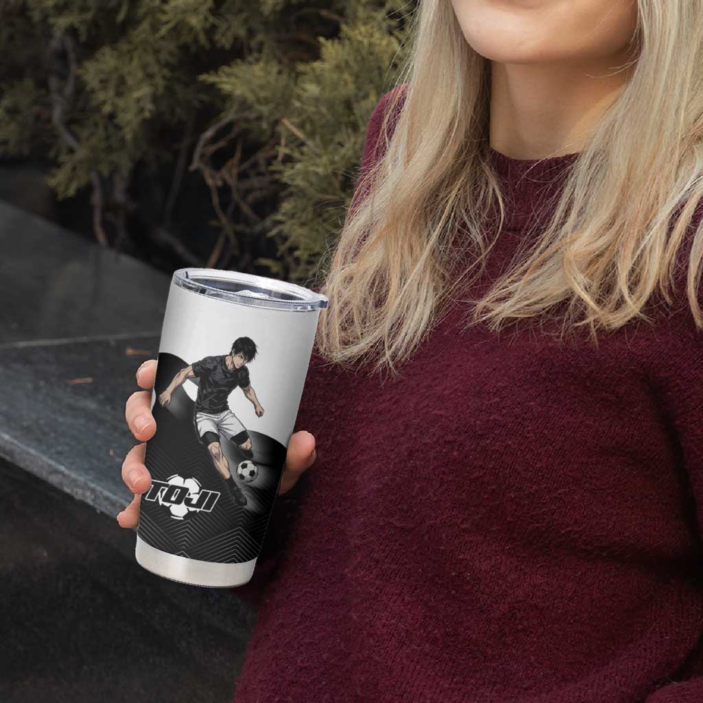 Personalized Toji Fushiguro Jujutsu Kaisen Soccer Theme Tumbler Cup with Dribbling Pose and Monochrome Black White Flame Graphic Design - The Mazicc