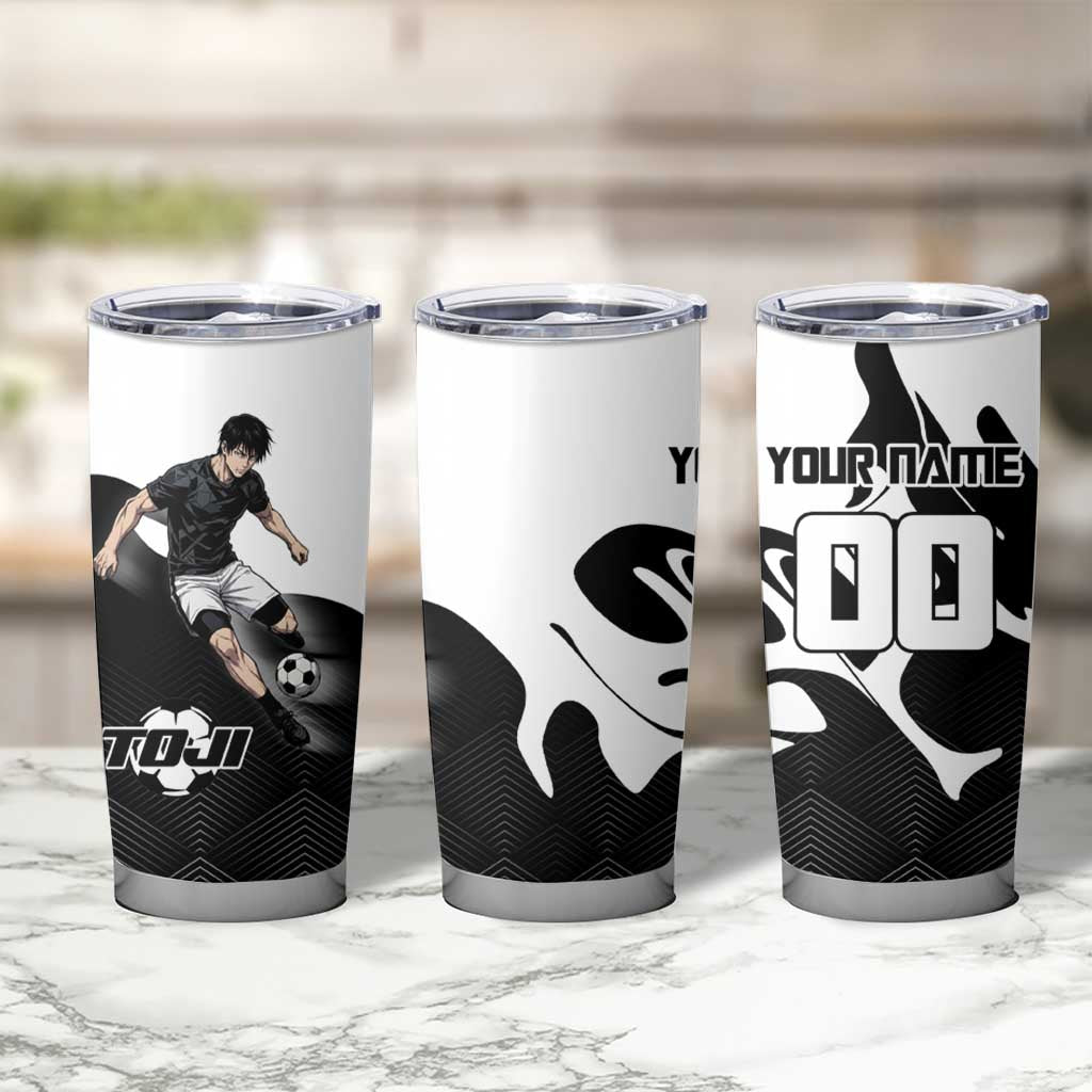 Personalized Toji Fushiguro Jujutsu Kaisen Soccer Theme Tumbler Cup with Dribbling Pose and Monochrome Black White Flame Graphic Design - The Mazicc