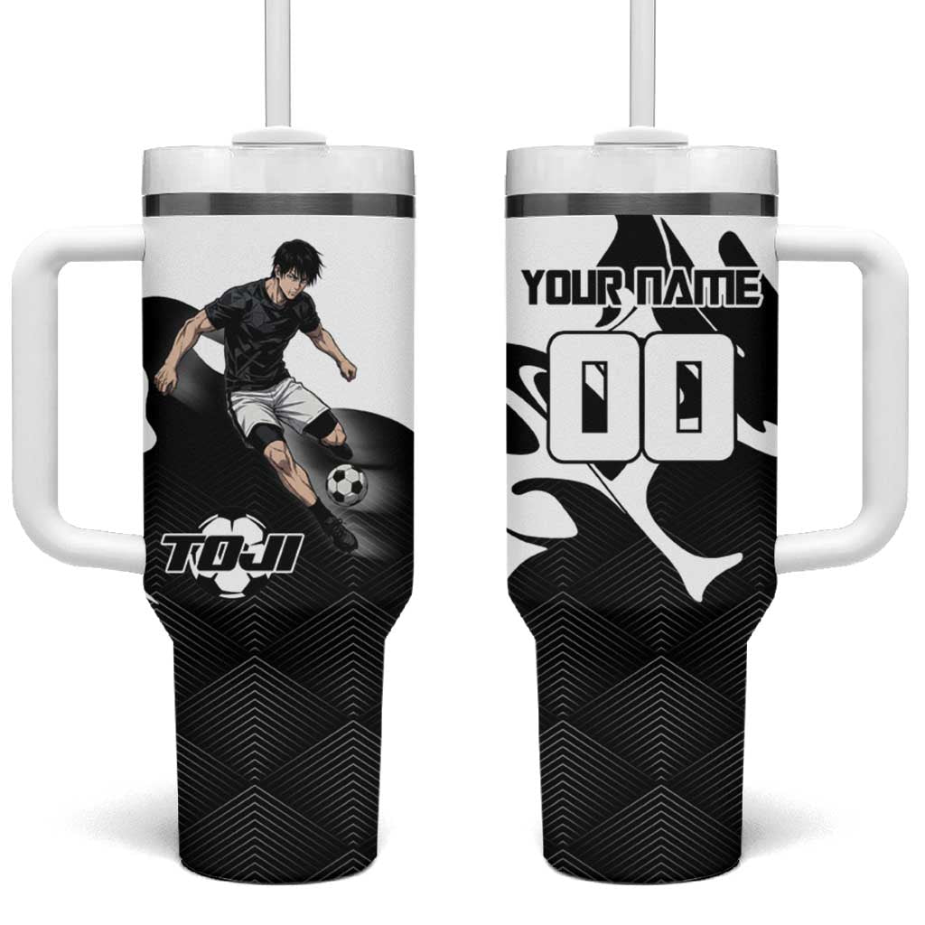 Personalized Toji Fushiguro Jujutsu Kaisen Soccer Theme Tumbler With Handle with Dribbling Pose and Monochrome Black White Flame Graphic Design - The Mazicc