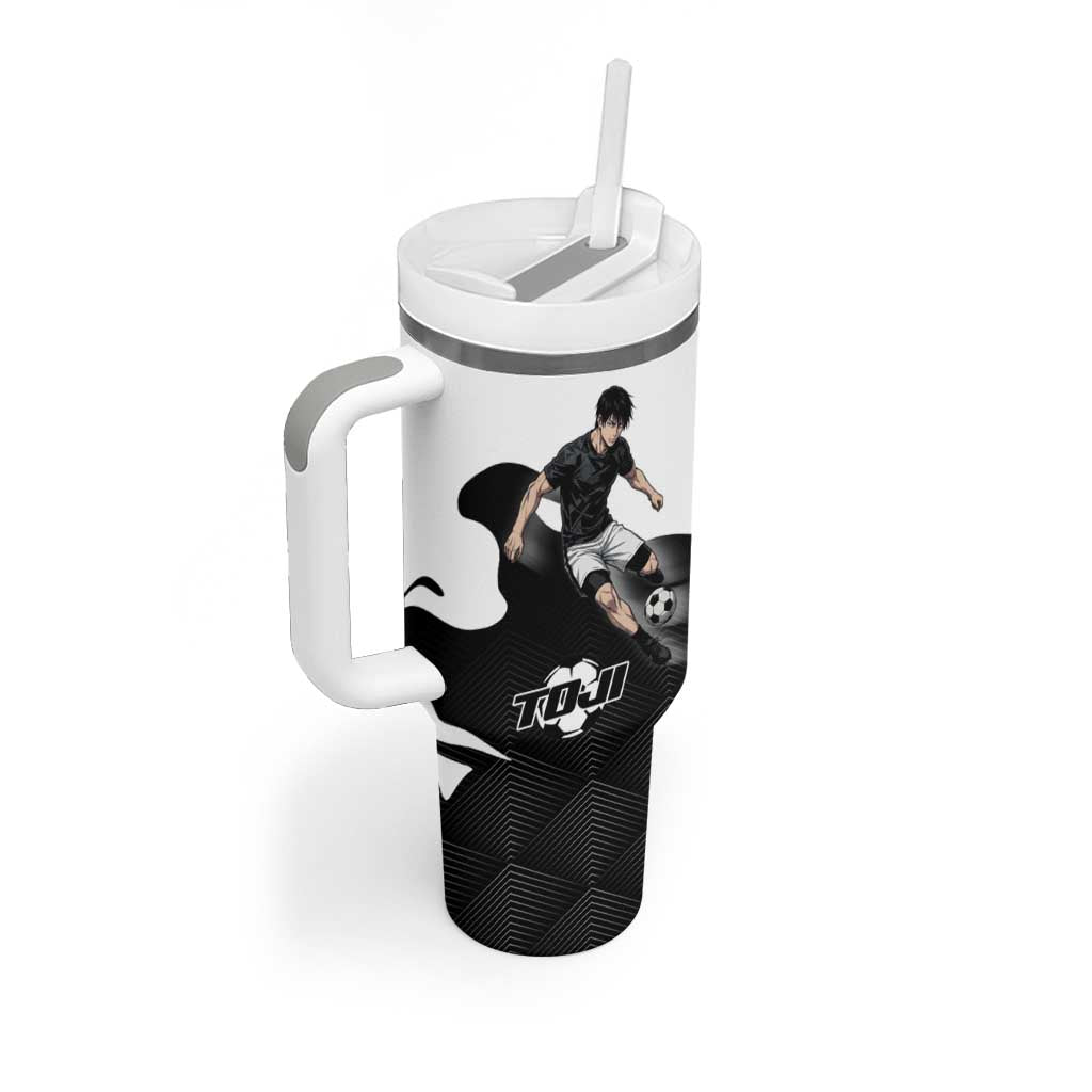 Personalized Toji Fushiguro Jujutsu Kaisen Soccer Theme Tumbler With Handle with Dribbling Pose and Monochrome Black White Flame Graphic Design - The Mazicc