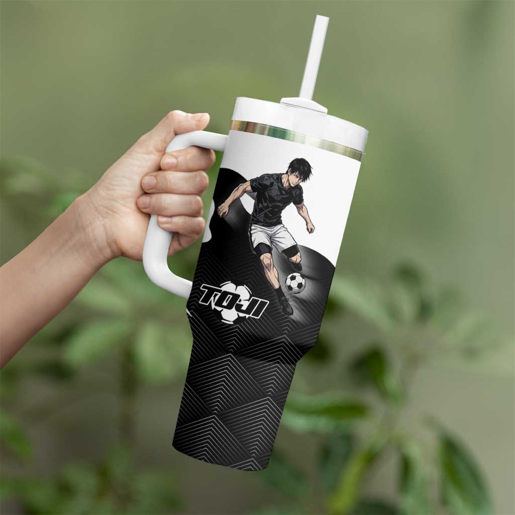 Personalized Toji Fushiguro Jujutsu Kaisen Soccer Theme Tumbler With Handle with Dribbling Pose and Monochrome Black White Flame Graphic Design - The Mazicc