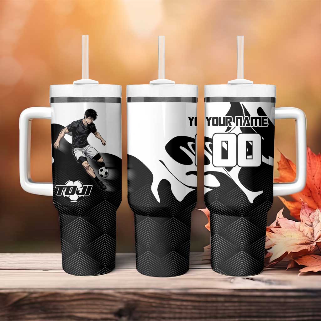 Personalized Toji Fushiguro Jujutsu Kaisen Soccer Theme Tumbler With Handle with Dribbling Pose and Monochrome Black White Flame Graphic Design - The Mazicc