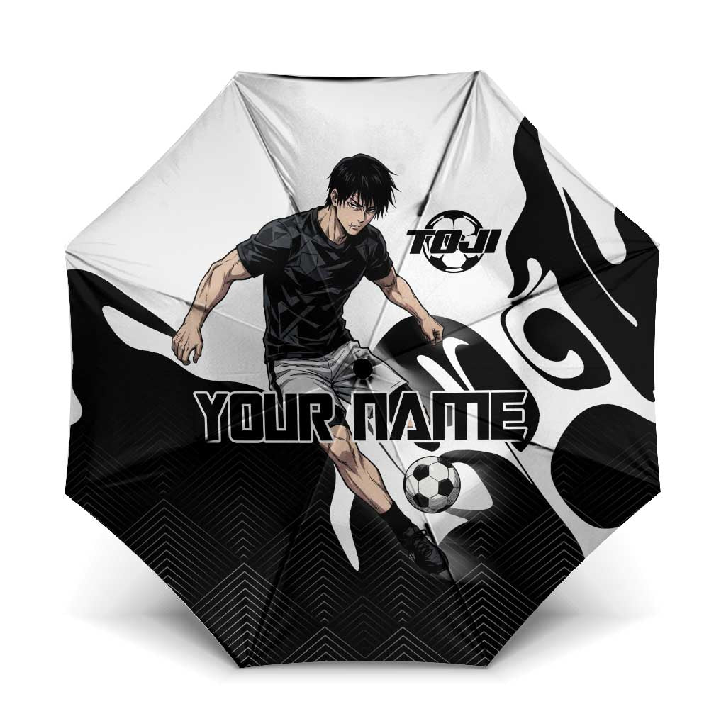 Personalized Toji Fushiguro Jujutsu Kaisen Soccer Theme Umbrella with Dribbling Pose and Monochrome Black White Flame Graphic Design - The Mazicc