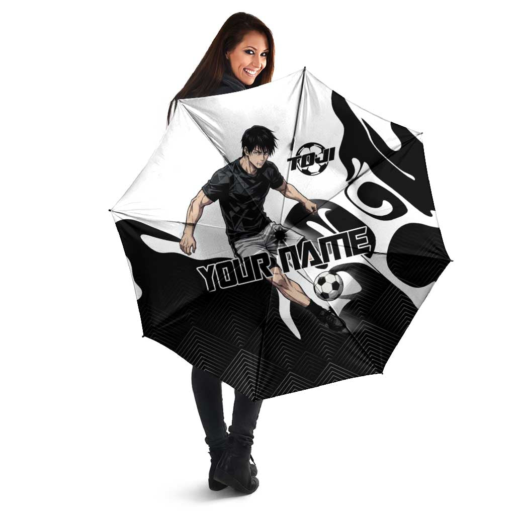 Personalized Toji Fushiguro Jujutsu Kaisen Soccer Theme Umbrella with Dribbling Pose and Monochrome Black White Flame Graphic Design - The Mazicc