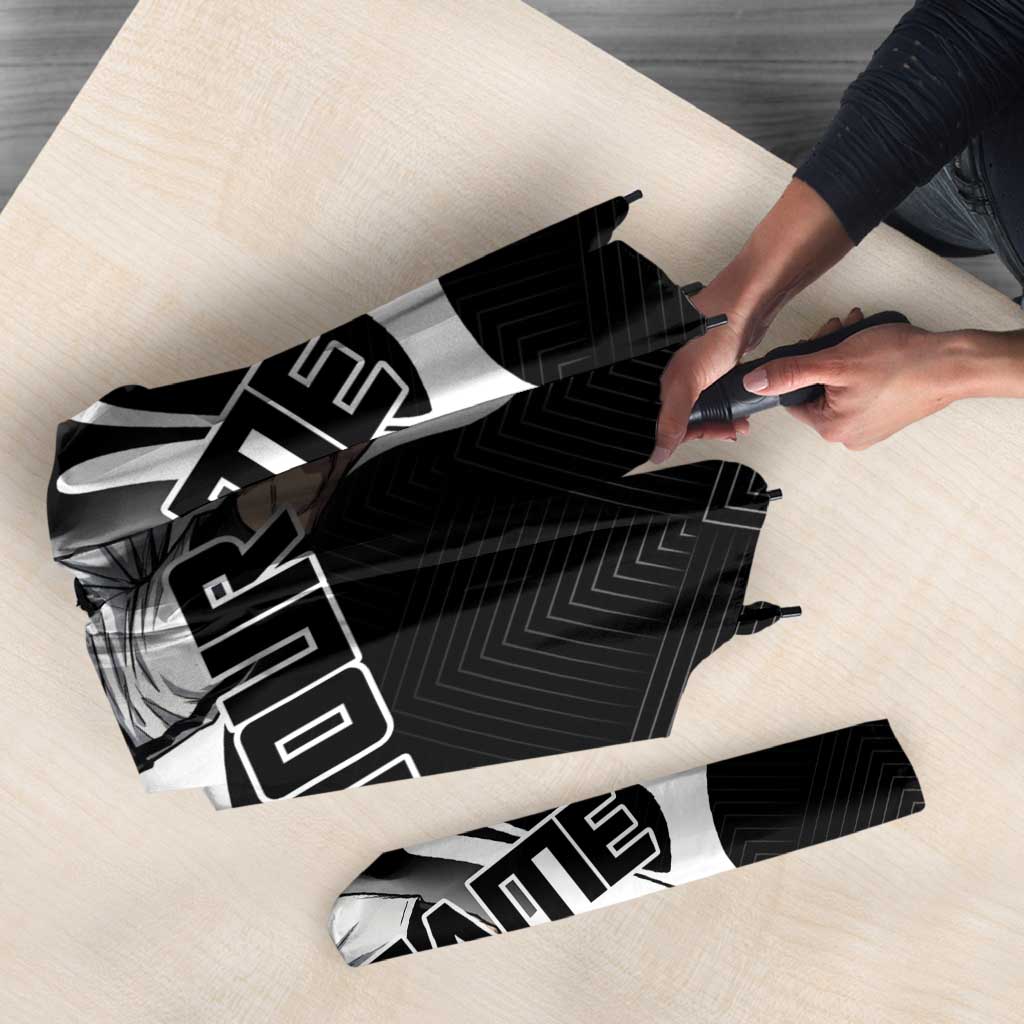 Personalized Toji Fushiguro Jujutsu Kaisen Soccer Theme Umbrella with Dribbling Pose and Monochrome Black White Flame Graphic Design - The Mazicc