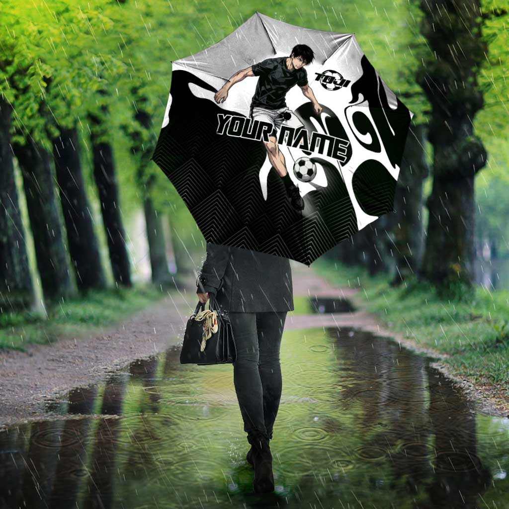 Personalized Toji Fushiguro Jujutsu Kaisen Soccer Theme Umbrella with Dribbling Pose and Monochrome Black White Flame Graphic Design - The Mazicc