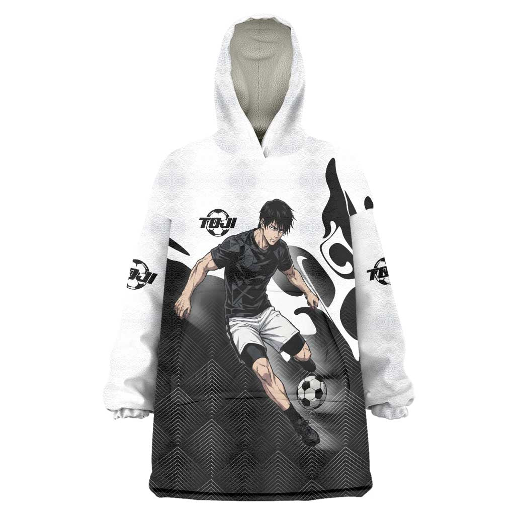 Personalized Toji Fushiguro Jujutsu Kaisen Soccer Theme Wearable Blanket Hoodie with Dribbling Pose and Monochrome Black White Flame Graphic Design - The Mazicc