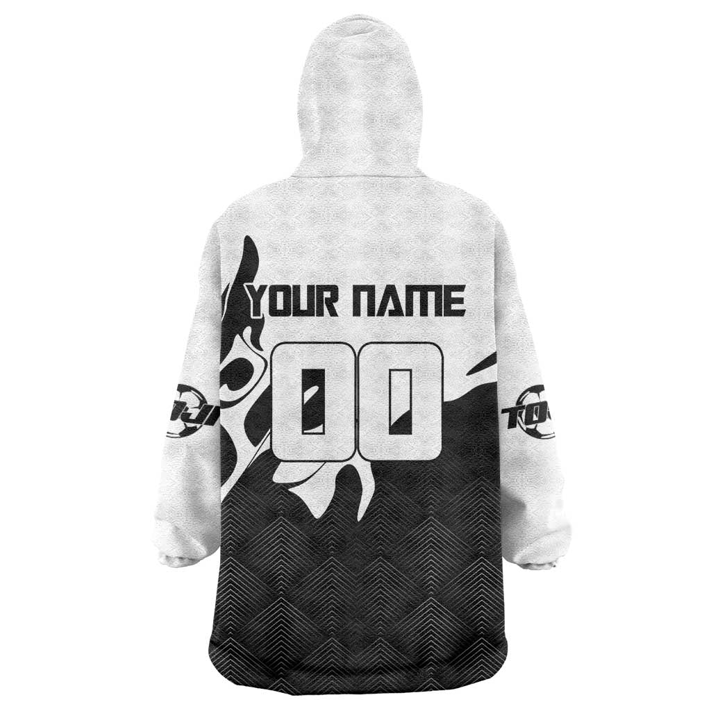 Personalized Toji Fushiguro Jujutsu Kaisen Soccer Theme Wearable Blanket Hoodie with Dribbling Pose and Monochrome Black White Flame Graphic Design - The Mazicc