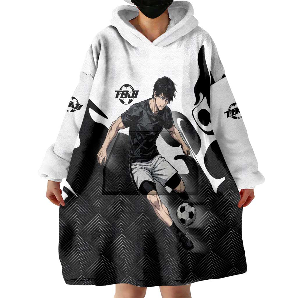 Personalized Toji Fushiguro Jujutsu Kaisen Soccer Theme Wearable Blanket Hoodie with Dribbling Pose and Monochrome Black White Flame Graphic Design - The Mazicc