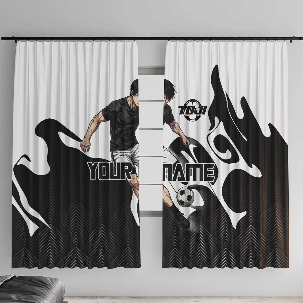 Personalized Toji Fushiguro Jujutsu Kaisen Soccer Theme Window Curtain with Dribbling Pose and Monochrome Black White Flame Graphic Design - The Mazicc