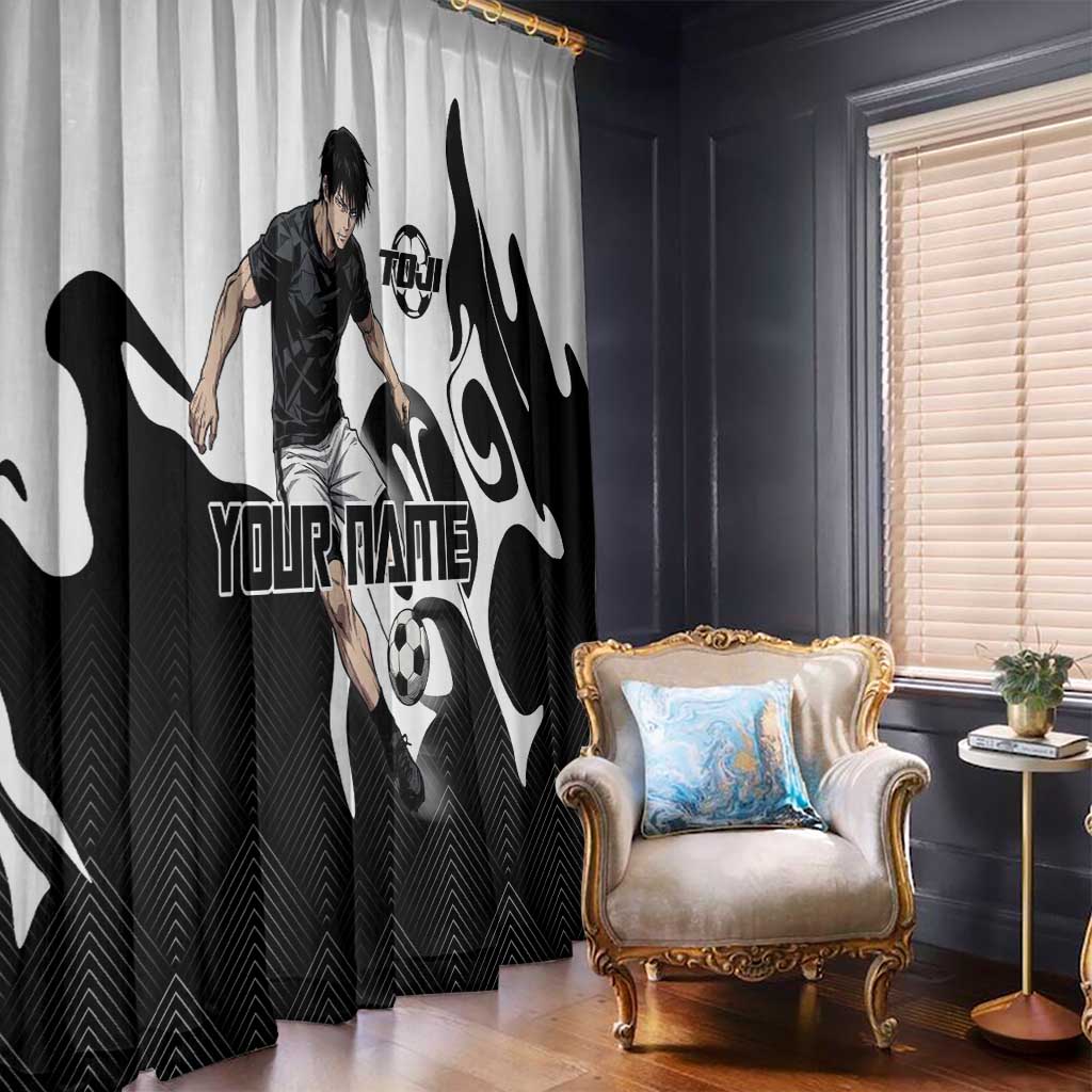 Personalized Toji Fushiguro Jujutsu Kaisen Soccer Theme Window Curtain with Dribbling Pose and Monochrome Black White Flame Graphic Design - The Mazicc