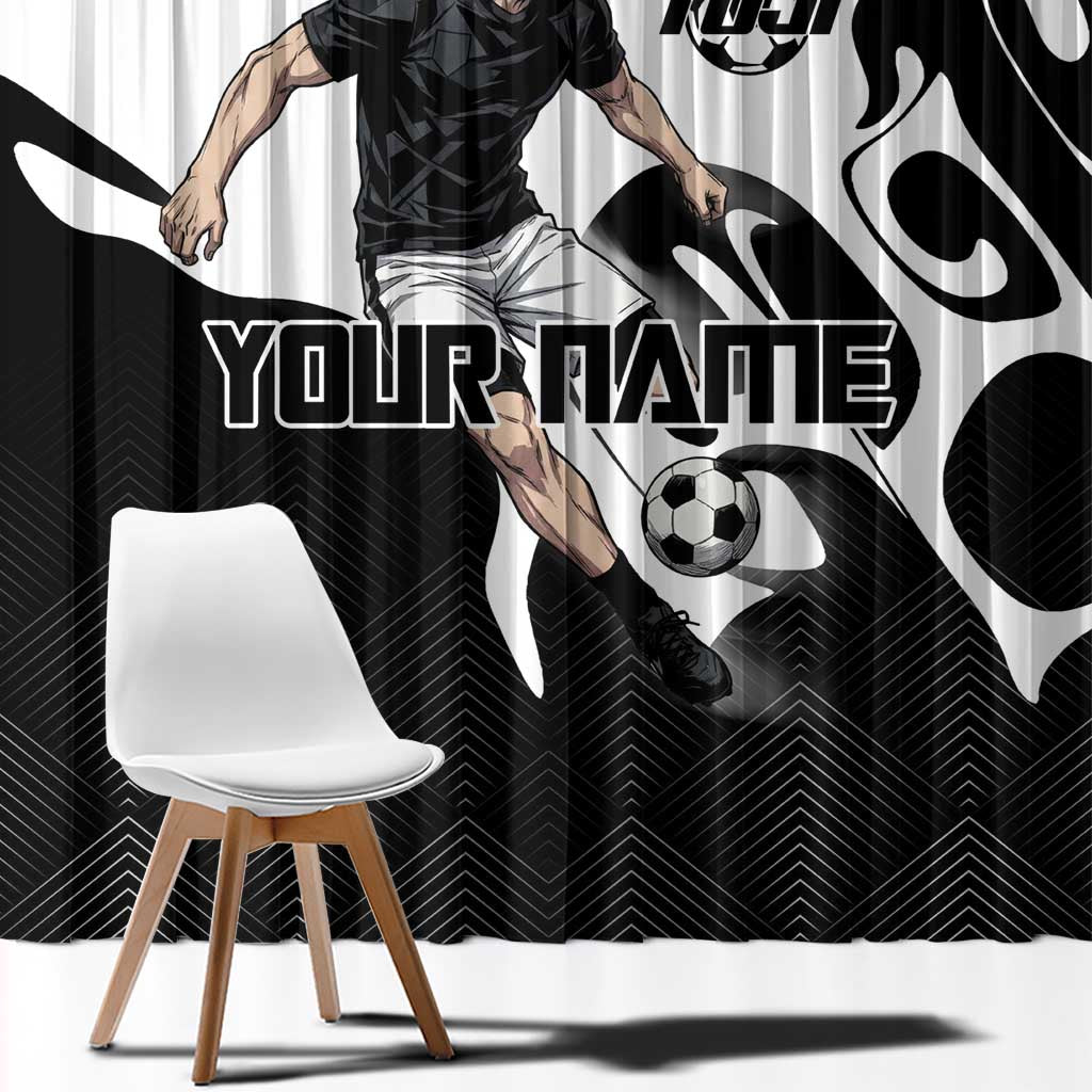 Personalized Toji Fushiguro Jujutsu Kaisen Soccer Theme Window Curtain with Dribbling Pose and Monochrome Black White Flame Graphic Design - The Mazicc