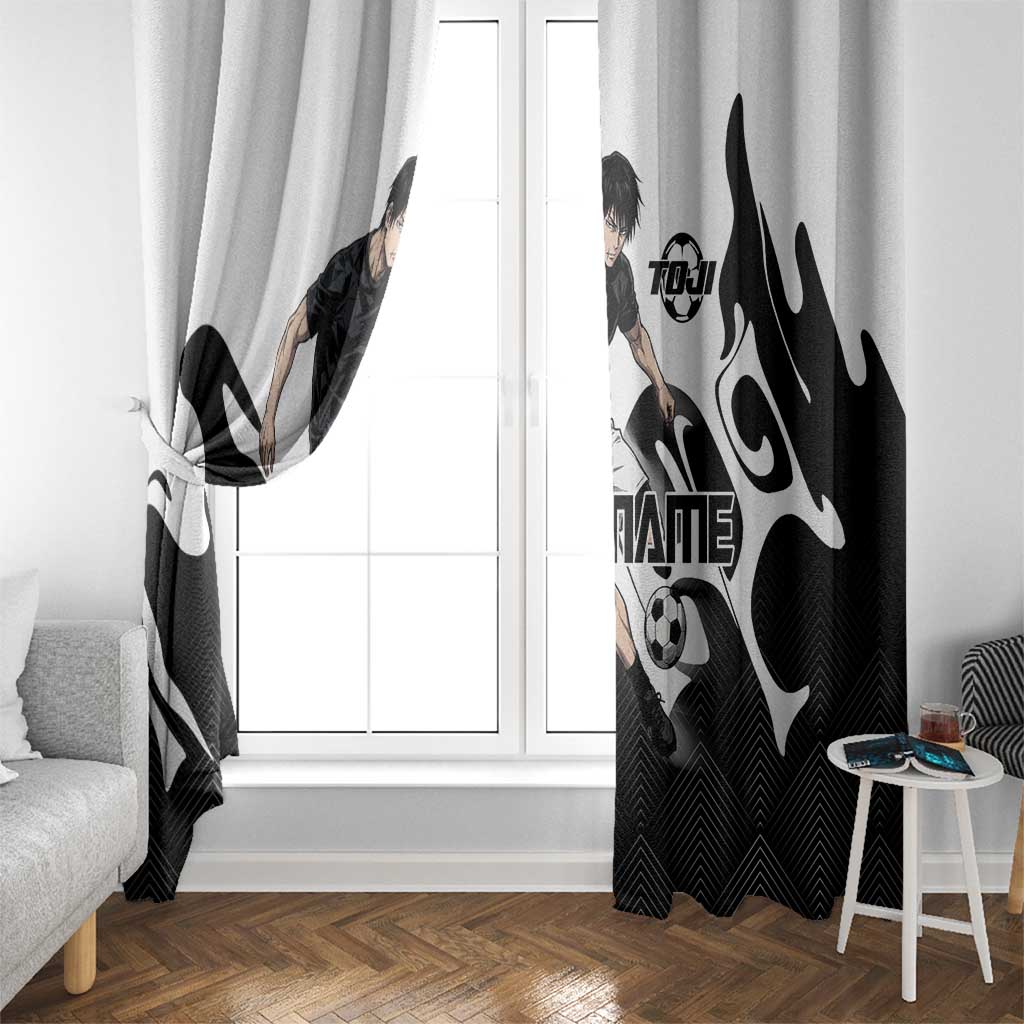 Personalized Toji Fushiguro Jujutsu Kaisen Soccer Theme Window Curtain with Dribbling Pose and Monochrome Black White Flame Graphic Design - The Mazicc