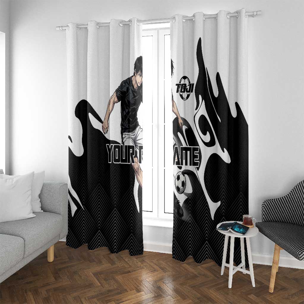 Personalized Toji Fushiguro Jujutsu Kaisen Soccer Theme Window Curtain with Dribbling Pose and Monochrome Black White Flame Graphic Design - The Mazicc
