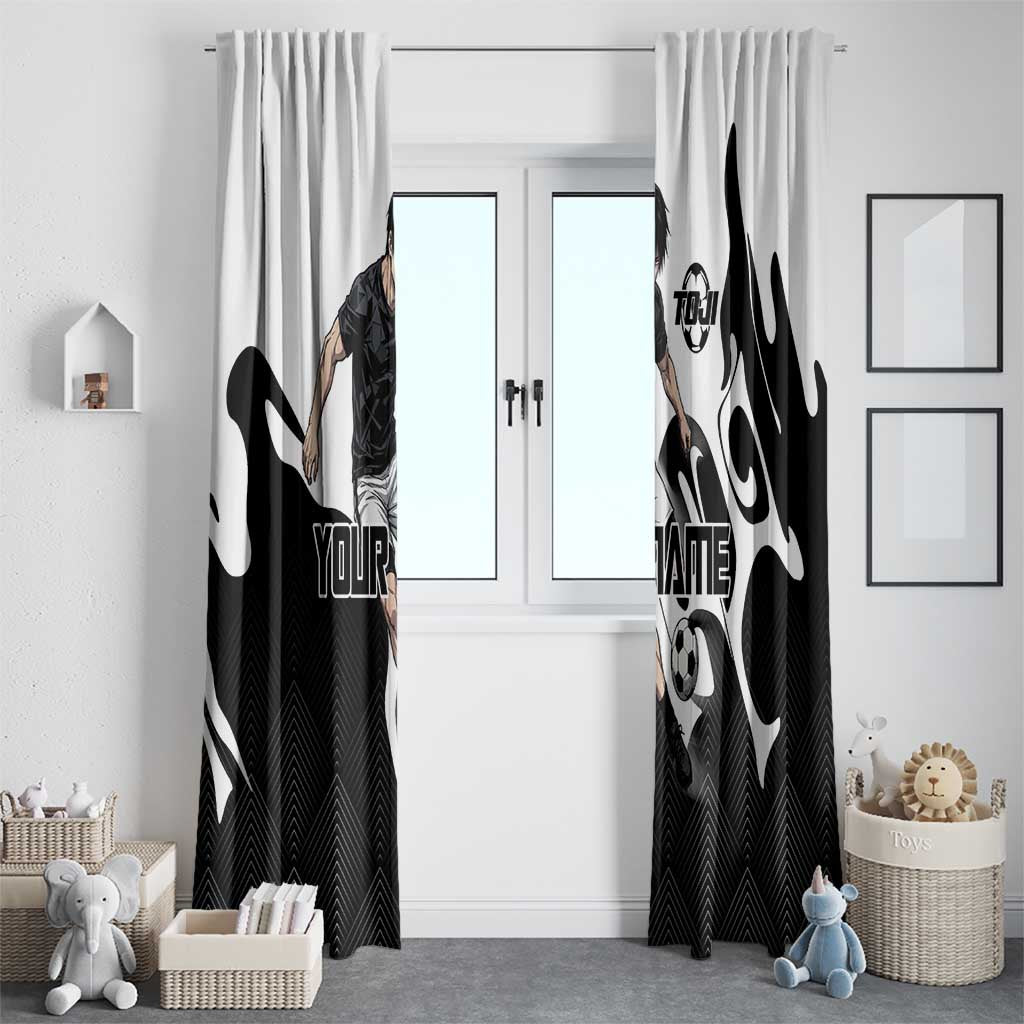 Personalized Toji Fushiguro Jujutsu Kaisen Soccer Theme Window Curtain with Dribbling Pose and Monochrome Black White Flame Graphic Design - The Mazicc