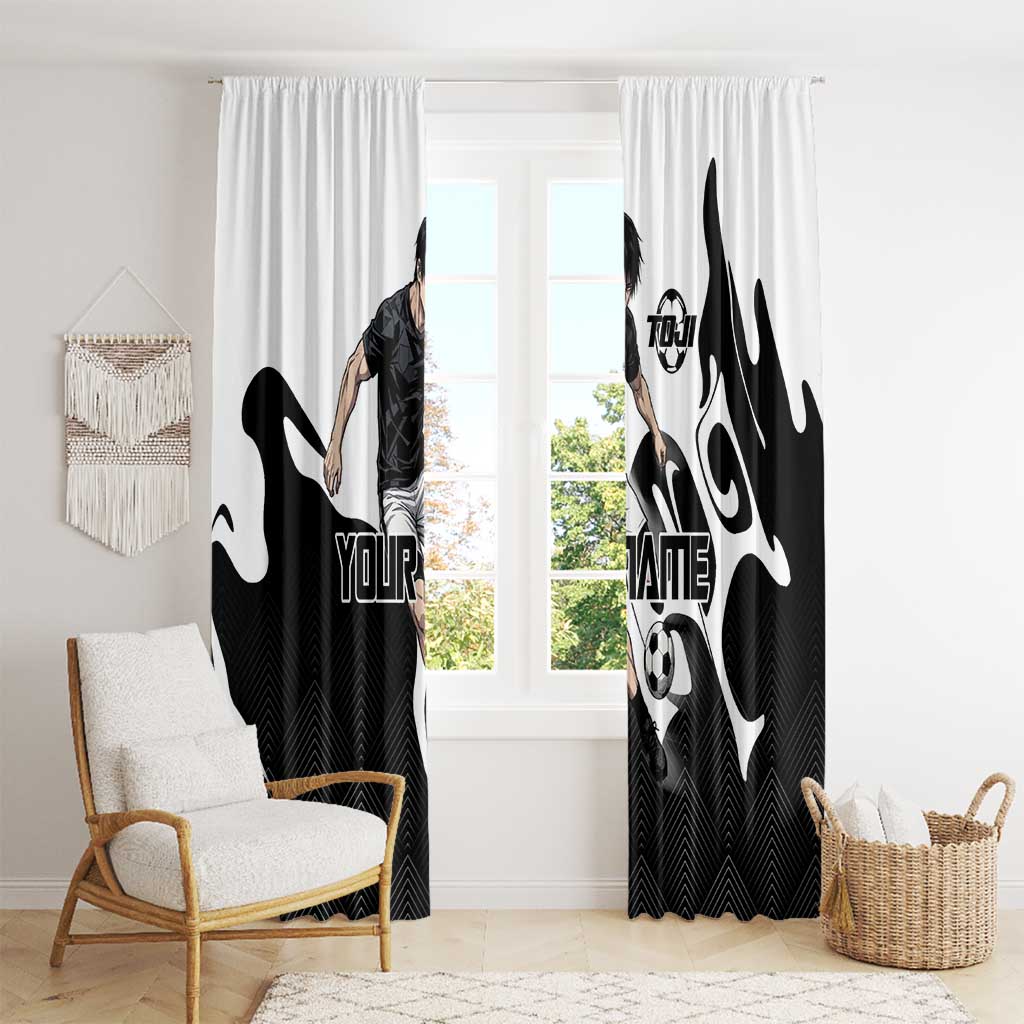 Personalized Toji Fushiguro Jujutsu Kaisen Soccer Theme Window Curtain with Dribbling Pose and Monochrome Black White Flame Graphic Design - The Mazicc
