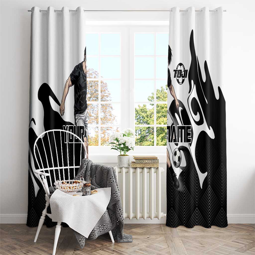 Personalized Toji Fushiguro Jujutsu Kaisen Soccer Theme Window Curtain with Dribbling Pose and Monochrome Black White Flame Graphic Design - The Mazicc