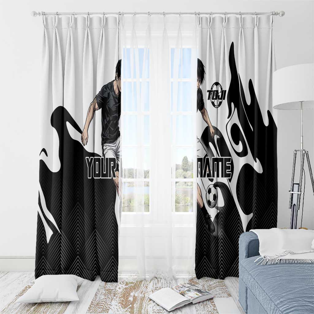 Personalized Toji Fushiguro Jujutsu Kaisen Soccer Theme Window Curtain with Dribbling Pose and Monochrome Black White Flame Graphic Design - The Mazicc