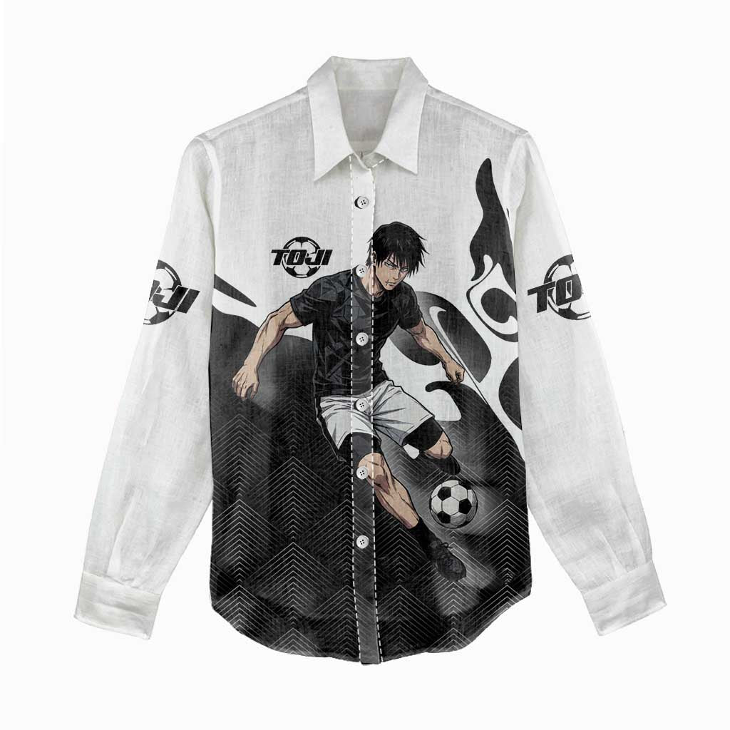 Personalized Toji Fushiguro Jujutsu Kaisen Soccer Theme Women Casual Shirt with Dribbling Pose and Monochrome Black White Flame Graphic Design - The Mazicc