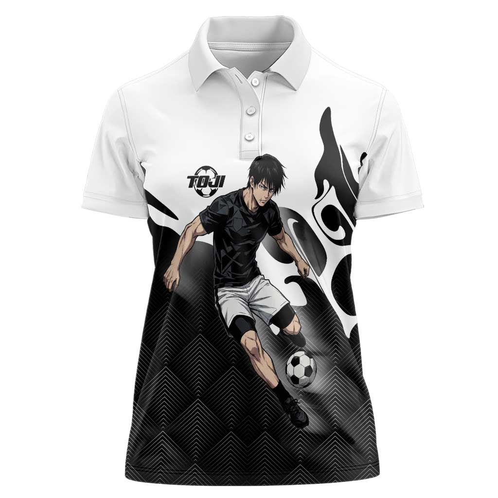 Personalized Toji Fushiguro Jujutsu Kaisen Soccer Theme Women Polo Shirt with Dribbling Pose and Monochrome Black White Flame Graphic Design - The Mazicc