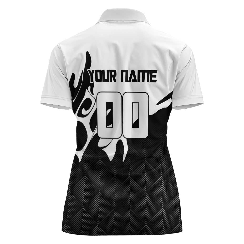 Personalized Toji Fushiguro Jujutsu Kaisen Soccer Theme Women Polo Shirt with Dribbling Pose and Monochrome Black White Flame Graphic Design - The Mazicc