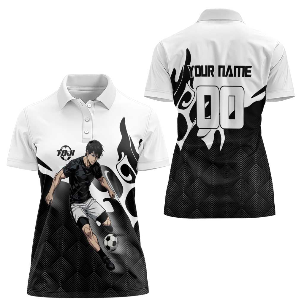 Personalized Toji Fushiguro Jujutsu Kaisen Soccer Theme Women Polo Shirt with Dribbling Pose and Monochrome Black White Flame Graphic Design - The Mazicc