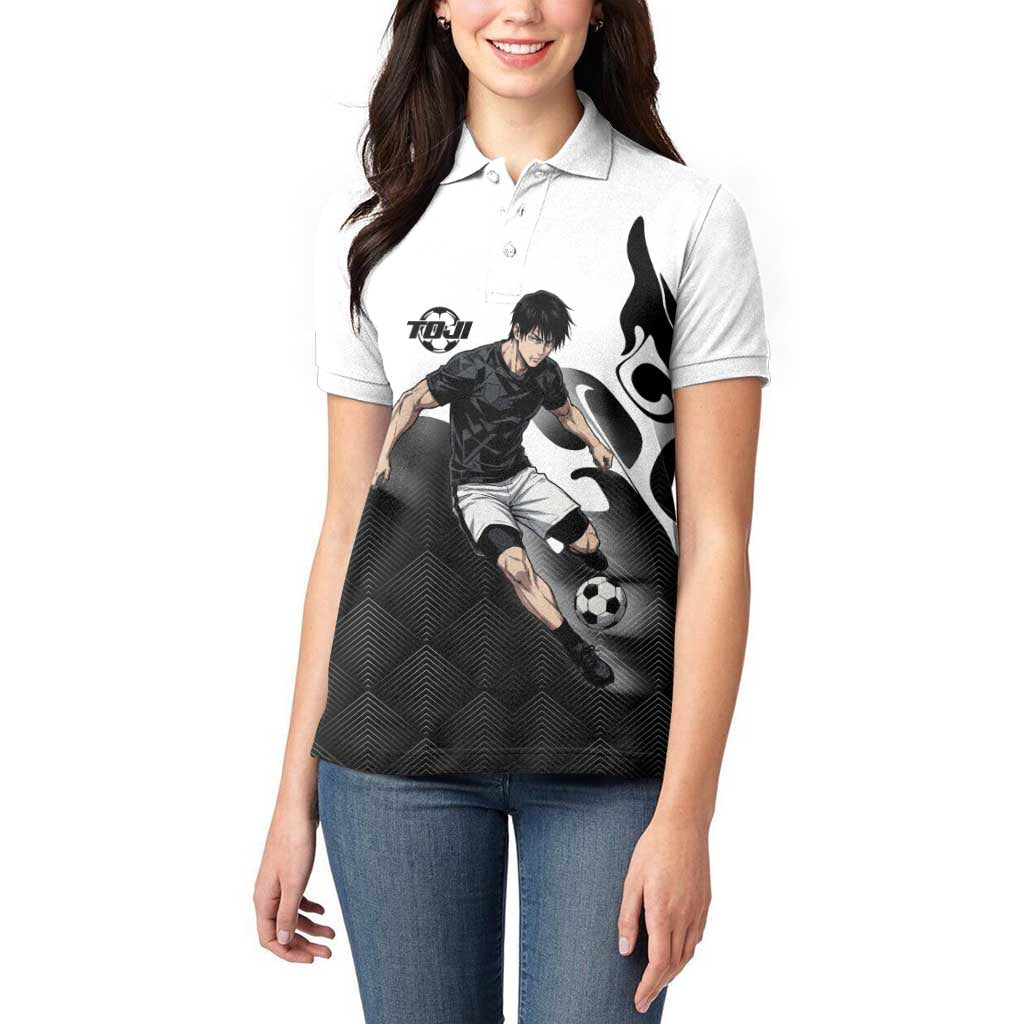 Personalized Toji Fushiguro Jujutsu Kaisen Soccer Theme Women Polo Shirt with Dribbling Pose and Monochrome Black White Flame Graphic Design - The Mazicc