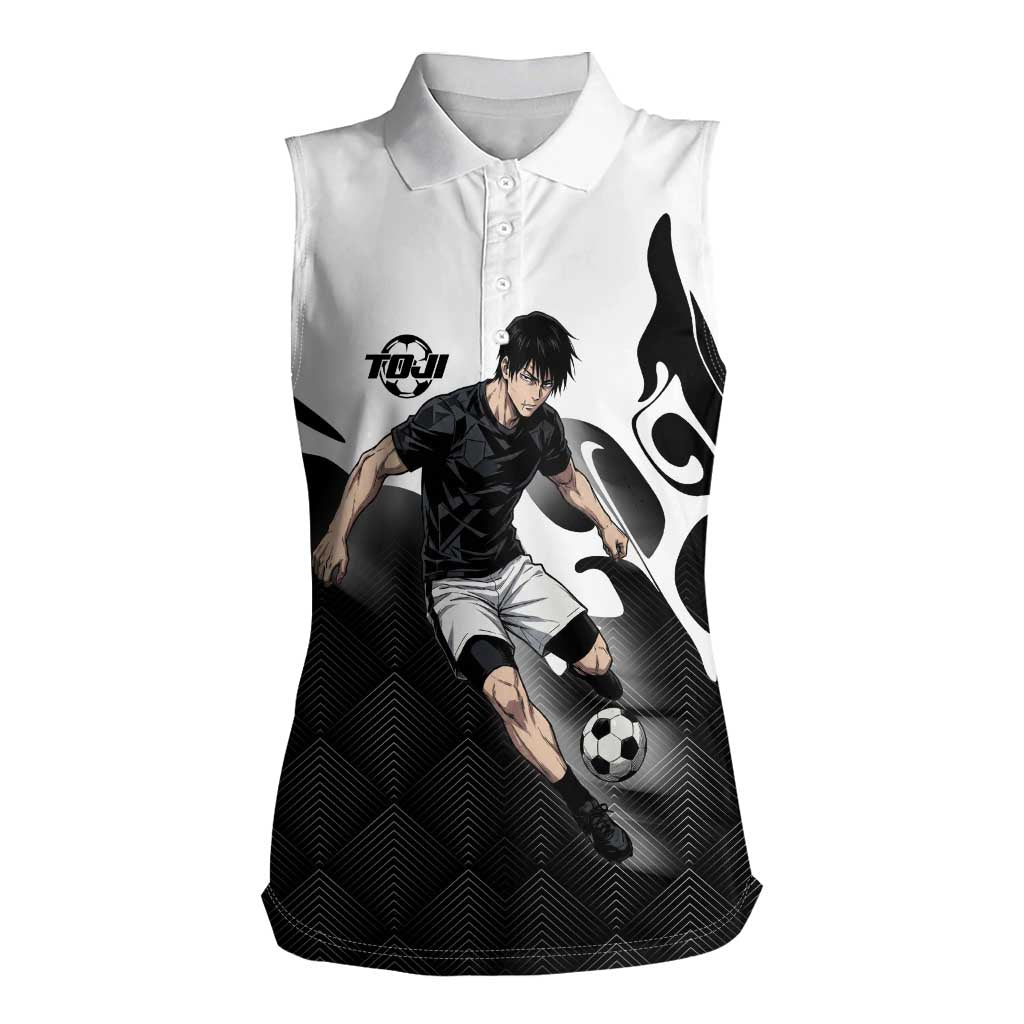 Personalized Toji Fushiguro Jujutsu Kaisen Soccer Theme Women Sleeveless Polo Shirt with Dribbling Pose and Monochrome Black White Flame Graphic Design - The Mazicc