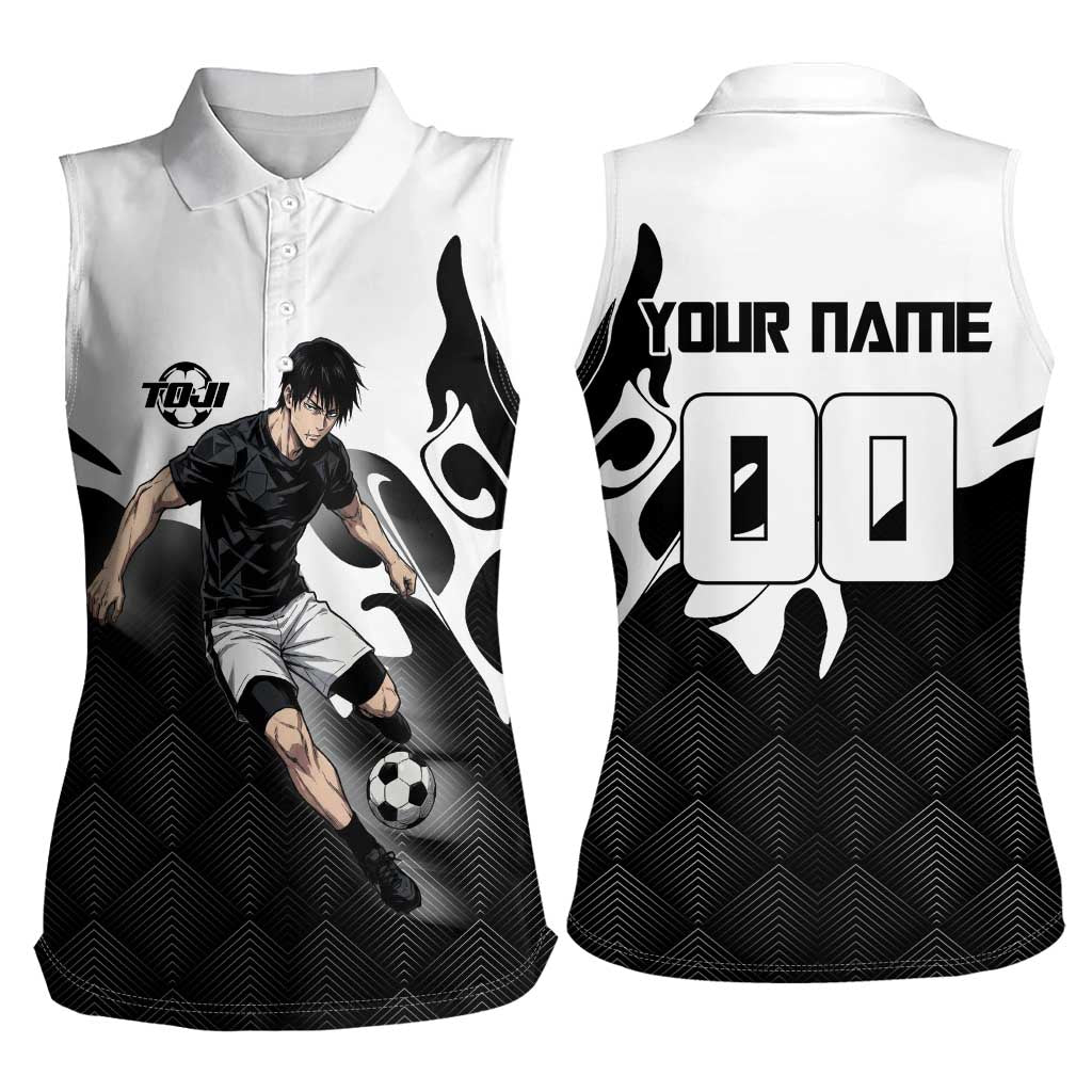 Personalized Toji Fushiguro Jujutsu Kaisen Soccer Theme Women Sleeveless Polo Shirt with Dribbling Pose and Monochrome Black White Flame Graphic Design - The Mazicc