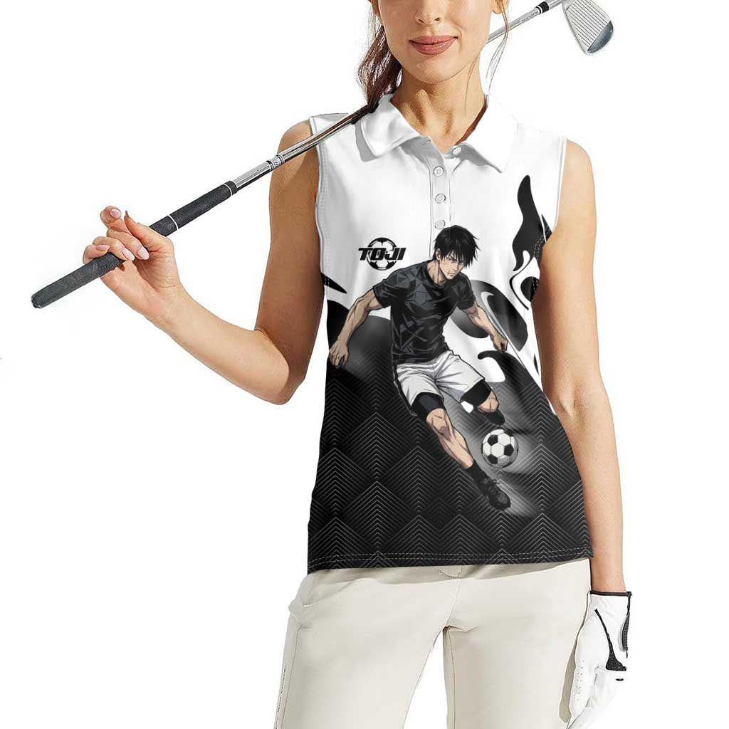 Personalized Toji Fushiguro Jujutsu Kaisen Soccer Theme Women Sleeveless Polo Shirt with Dribbling Pose and Monochrome Black White Flame Graphic Design - The Mazicc