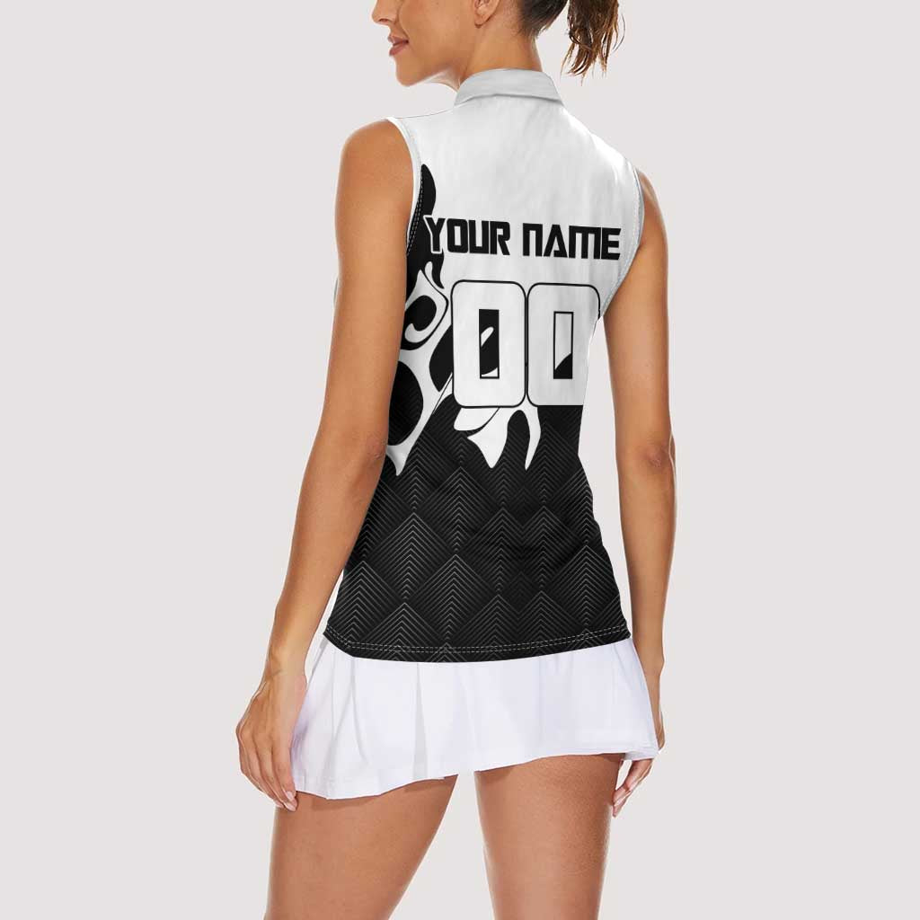 Personalized Toji Fushiguro Jujutsu Kaisen Soccer Theme Women Sleeveless Polo Shirt with Dribbling Pose and Monochrome Black White Flame Graphic Design - The Mazicc