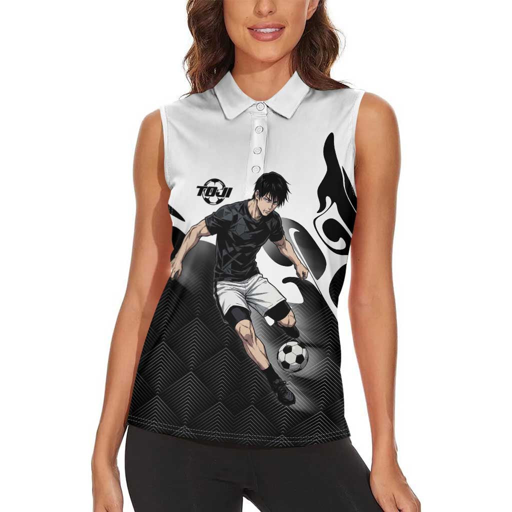 Personalized Toji Fushiguro Jujutsu Kaisen Soccer Theme Women Sleeveless Polo Shirt with Dribbling Pose and Monochrome Black White Flame Graphic Design - The Mazicc