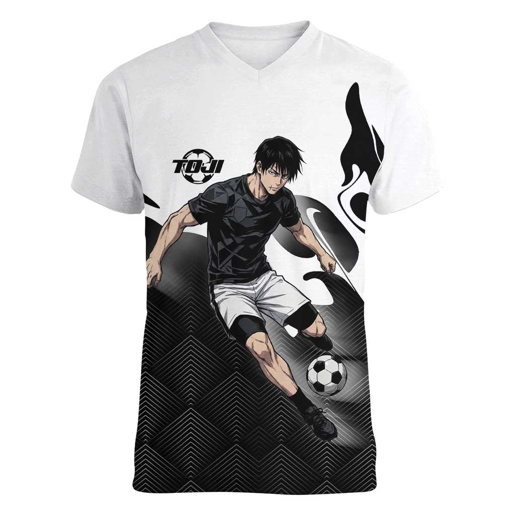 Personalized Toji Fushiguro Jujutsu Kaisen Soccer Theme Women V-Neck T-Shirt with Dribbling Pose and Monochrome Black White Flame Graphic Design - The Mazicc