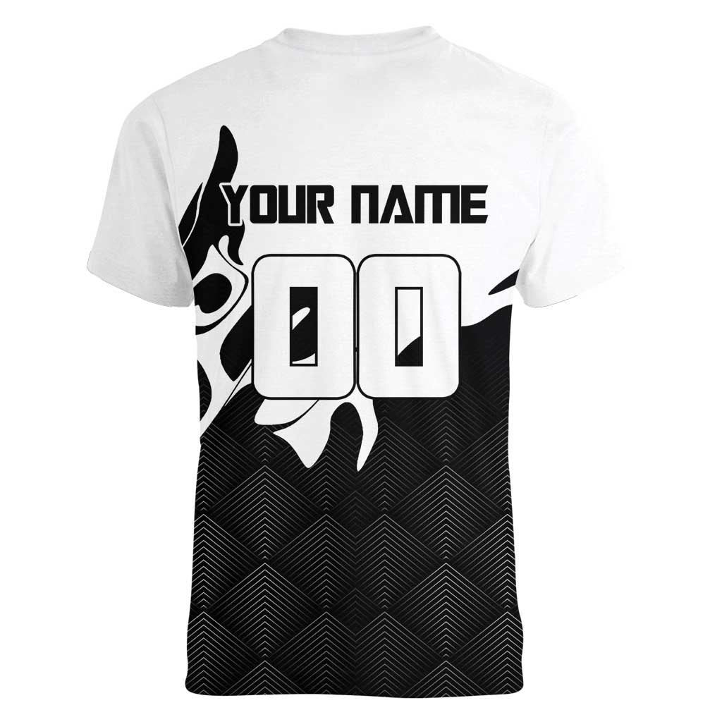 Personalized Toji Fushiguro Jujutsu Kaisen Soccer Theme Women V-Neck T-Shirt with Dribbling Pose and Monochrome Black White Flame Graphic Design - The Mazicc