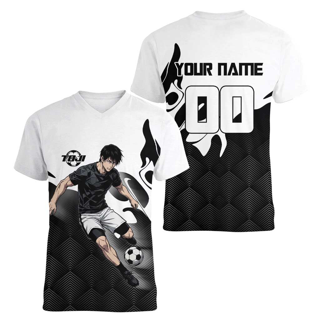 Personalized Toji Fushiguro Jujutsu Kaisen Soccer Theme Women V-Neck T-Shirt with Dribbling Pose and Monochrome Black White Flame Graphic Design - The Mazicc