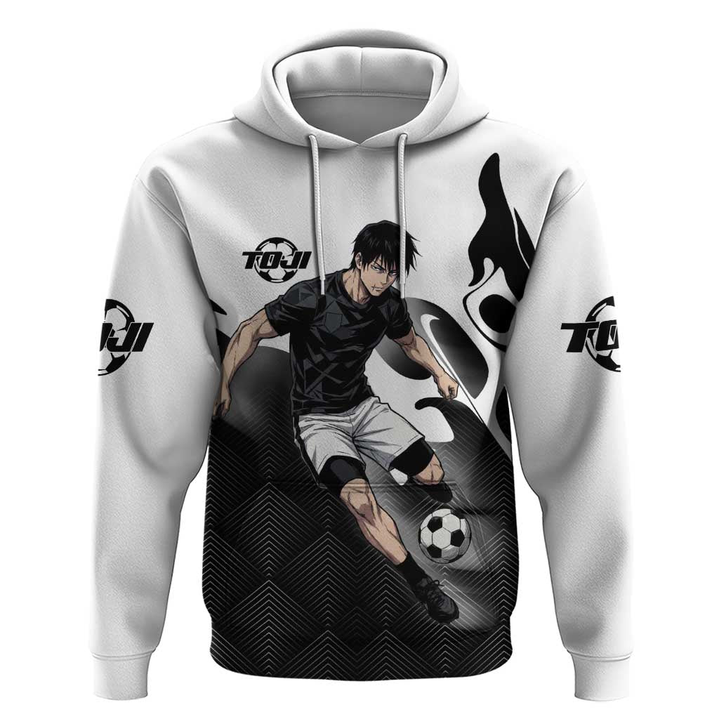 Personalized Toji Fushiguro Jujutsu Kaisen Soccer Theme Zip Hoodie with Dribbling Pose and Monochrome Black White Flame Graphic Design - The Mazicc