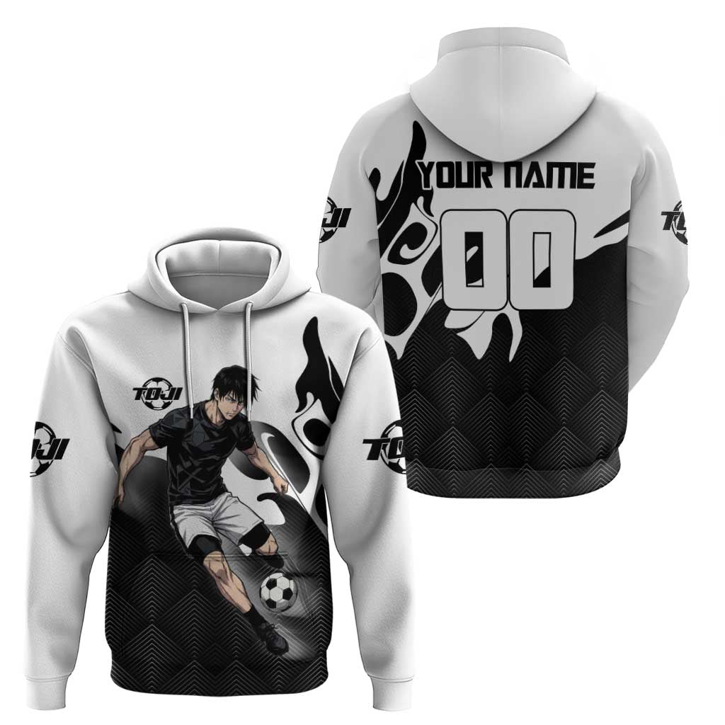 Personalized Toji Fushiguro Jujutsu Kaisen Soccer Theme Zip Hoodie with Dribbling Pose and Monochrome Black White Flame Graphic Design - The Mazicc