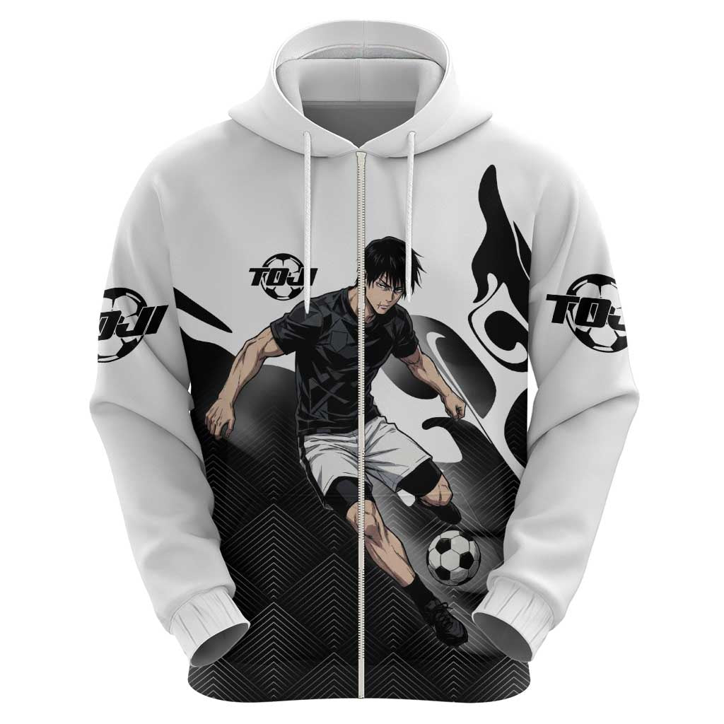 Personalized Toji Fushiguro Jujutsu Kaisen Soccer Theme Zip Hoodie with Dribbling Pose and Monochrome Black White Flame Graphic Design - The Mazicc