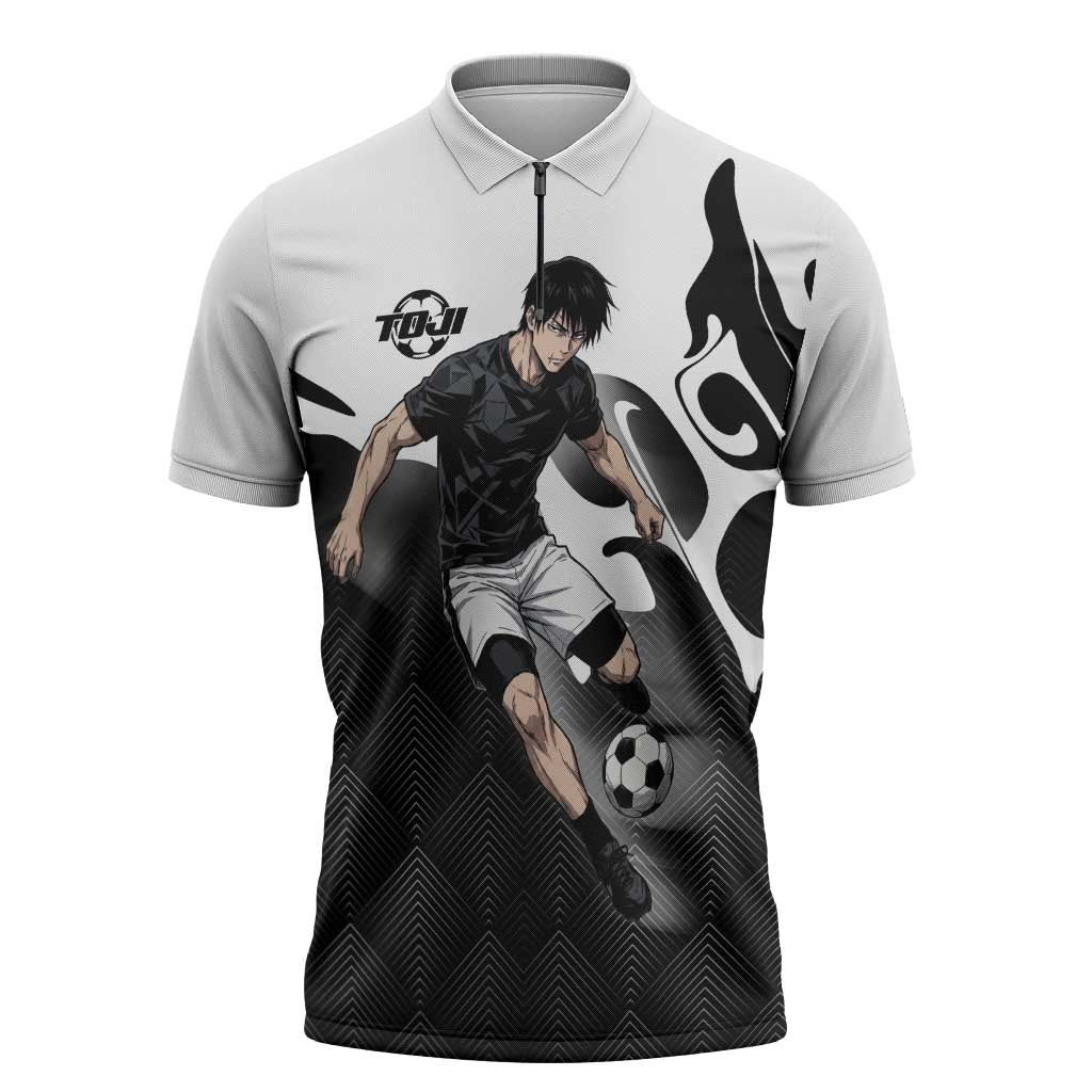 Personalized Toji Fushiguro Jujutsu Kaisen Soccer Theme Zipper Polo Shirt with Dribbling Pose and Monochrome Black White Flame Graphic Design - The Mazicc