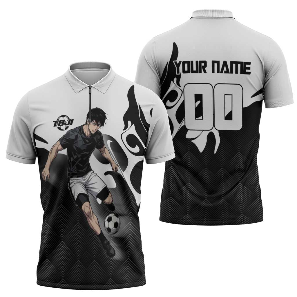 Personalized Toji Fushiguro Jujutsu Kaisen Soccer Theme Zipper Polo Shirt with Dribbling Pose and Monochrome Black White Flame Graphic Design - The Mazicc