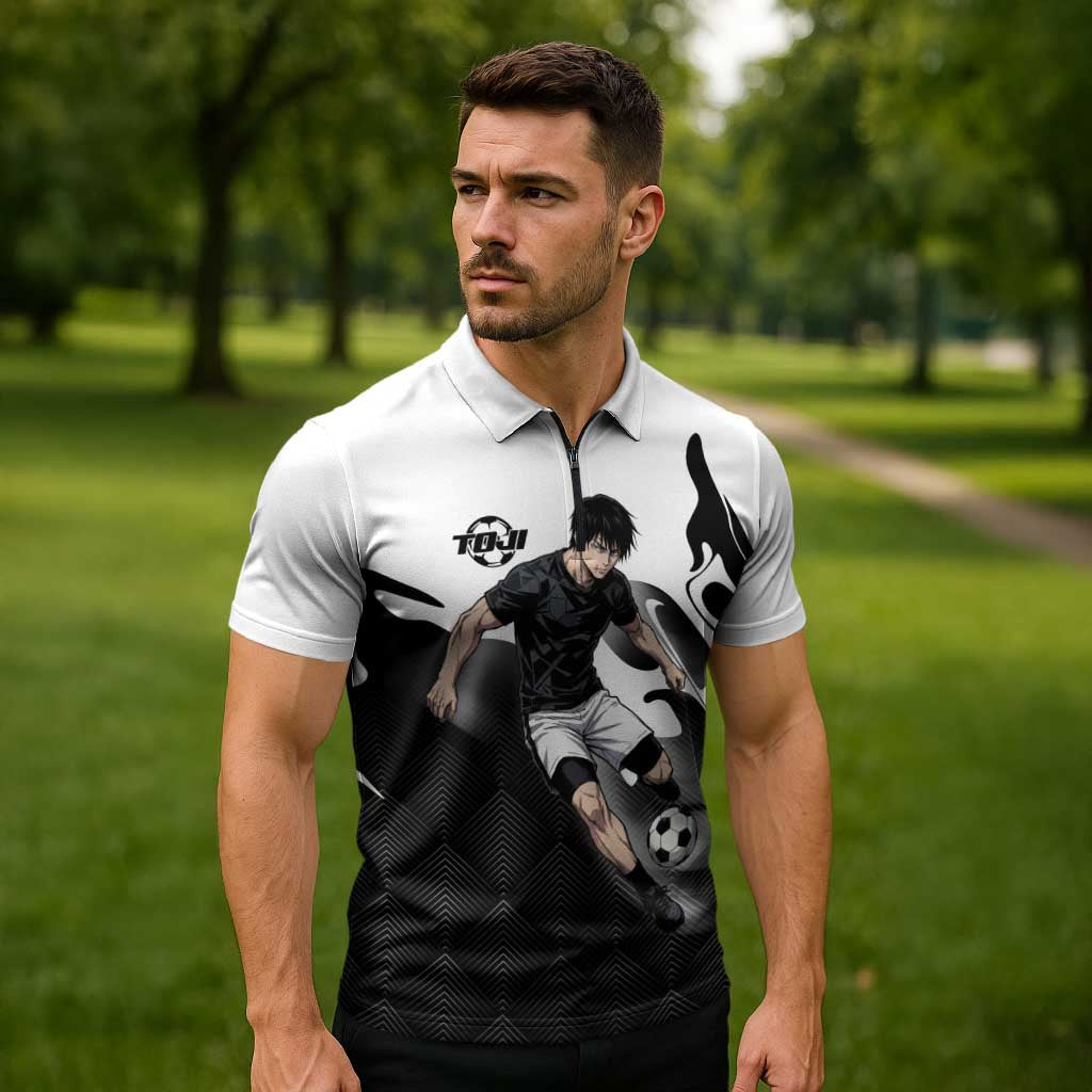 Personalized Toji Fushiguro Jujutsu Kaisen Soccer Theme Zipper Polo Shirt with Dribbling Pose and Monochrome Black White Flame Graphic Design - The Mazicc