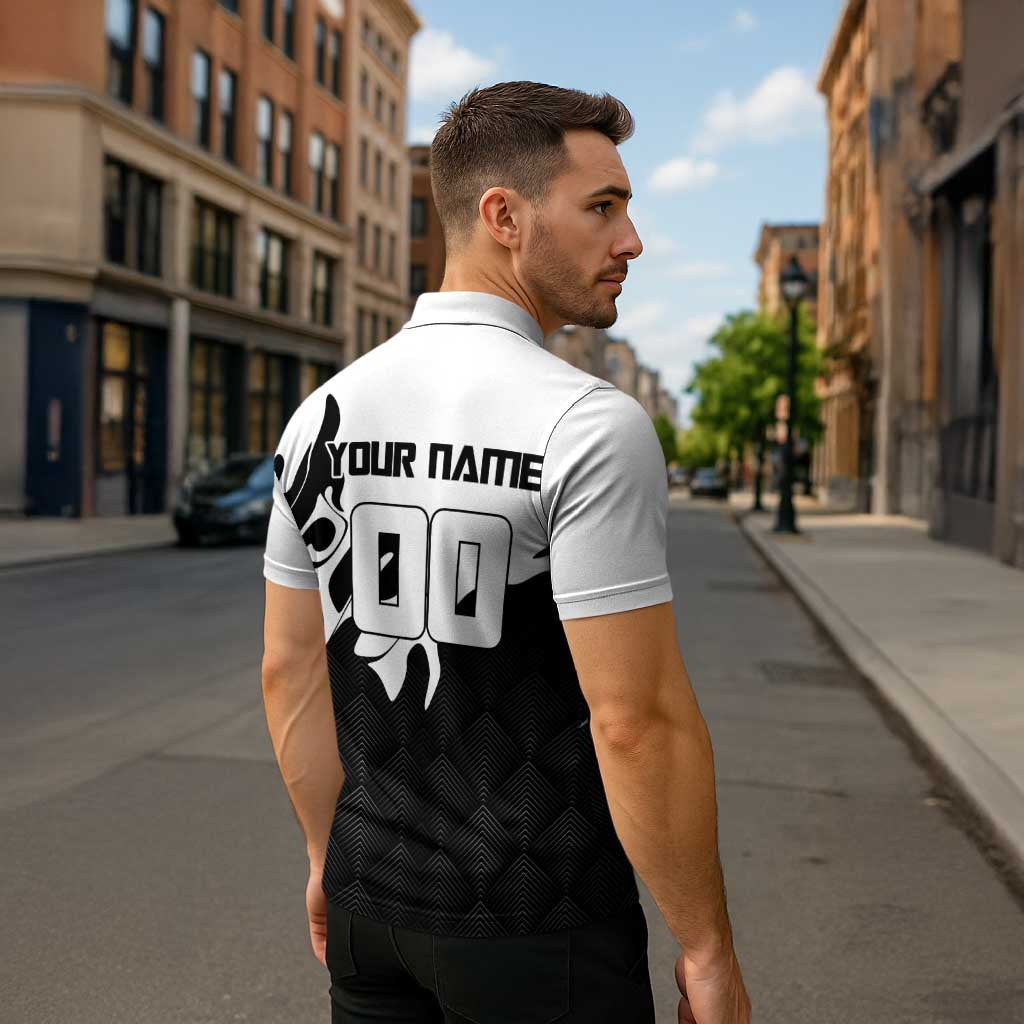 Personalized Toji Fushiguro Jujutsu Kaisen Soccer Theme Zipper Polo Shirt with Dribbling Pose and Monochrome Black White Flame Graphic Design - The Mazicc