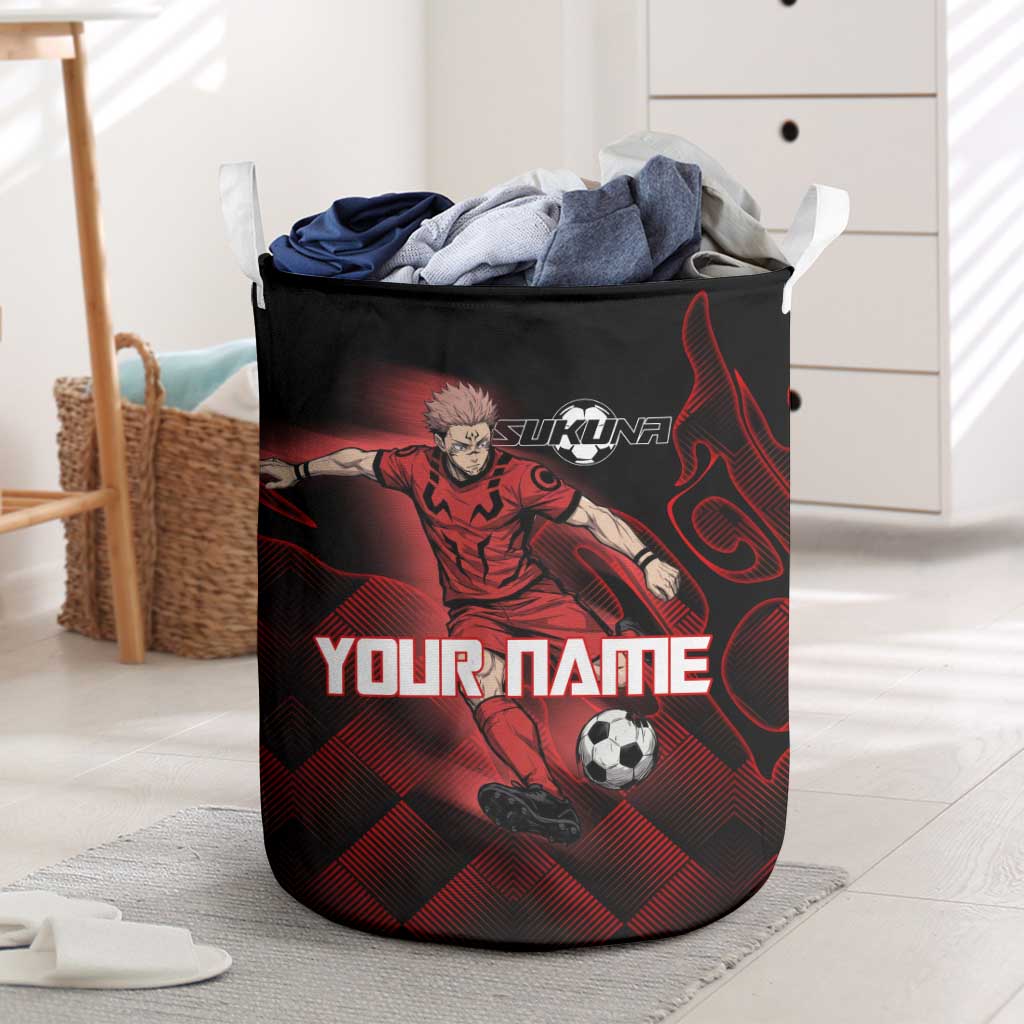 Personalized Sukuna Jujutsu Kaisen Soccer Theme Laundry Basket with Powerful Kick Pose and Red Black Plaid Graphic Design - The Mazicc